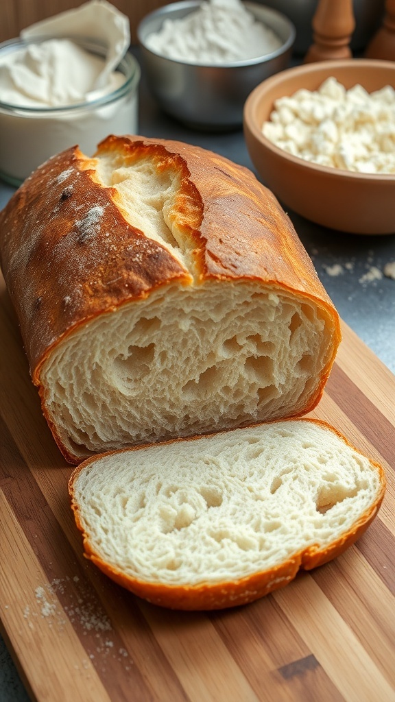 A golden crusted artisan bread loaf on a wooden board with slices showing the soft interior.